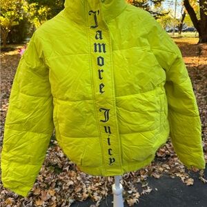 Juicy Couture Neon Yellow/Lime Puffer Jacket with Pink Satin Lining